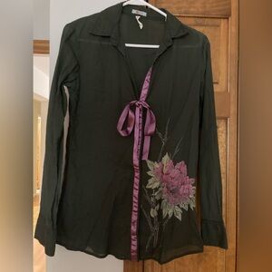 Batik silky tie snap button front painted Floral Design top blouse M Med…